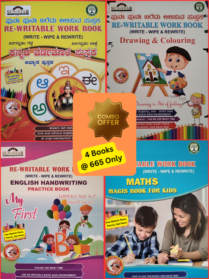 Magic Re-Writable books Kannada Varnamale, English Alphabets, Maths and Hindi COMBO: Handwriting & Learning Skills Improvement