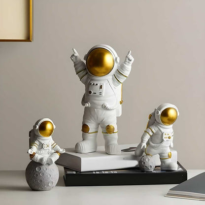 Golden Astronaut Figurine Set - 3 Piece Resin Space Décor Collection