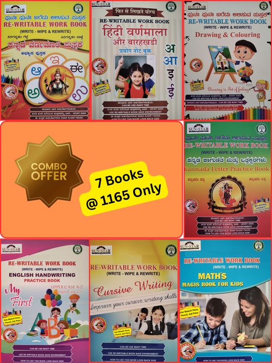 Magic Re-Writable books Kannada Varnamale, Kannada Kagunita, English Alphabets, English Cursive Letter Maths, Drawing and Hindi COMBO: Handwriting & Learning Skills Improvement