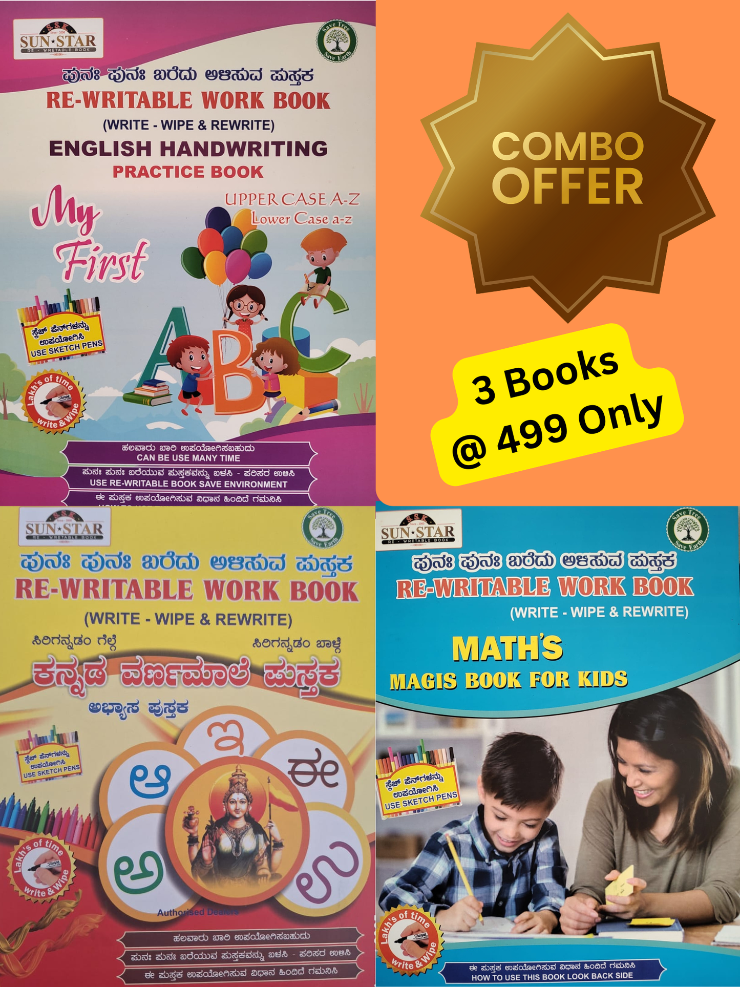 Magic Re-Writable books Kannada Varnamale, English Alphabets and Maths COMBO: Handwriting & Learning Skills Improvement