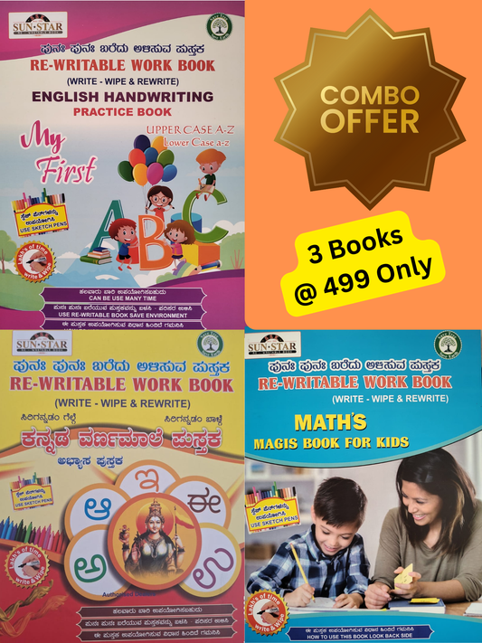 Magic Re-Writable books Kannada Varnamale, English Alphabets and Maths COMBO: Handwriting & Learning Skills Improvement