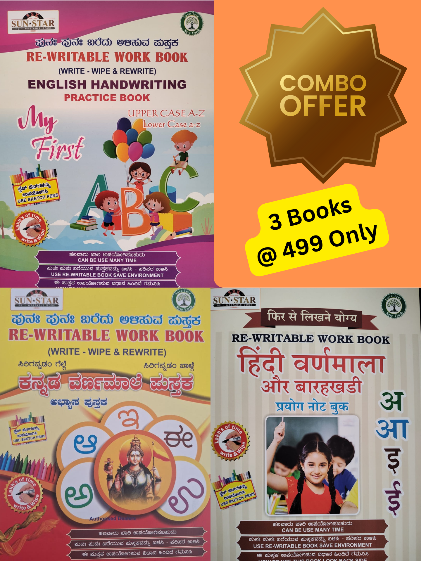 Magic Re-Writable books Kannada Varnamale, English Alphabets and Hindi COMBO: Handwriting & Learning Skills Improvement