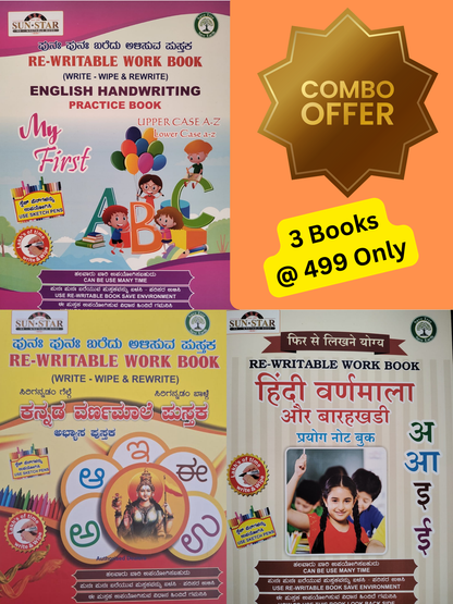 Magic Re-Writable books Kannada Varnamale, English Alphabets and Hindi COMBO: Handwriting & Learning Skills Improvement