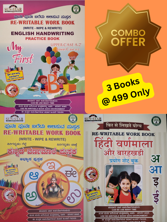 Magic Re-Writable books Kannada Varnamale, English Alphabets and Hindi COMBO: Handwriting & Learning Skills Improvement